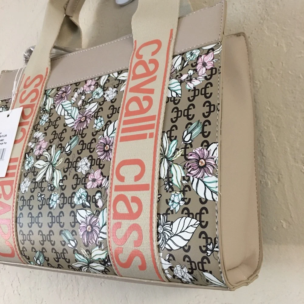 Cavalli Class Serafina Large Top Handle Satchel Crossbody Floral Beige Tote Bag